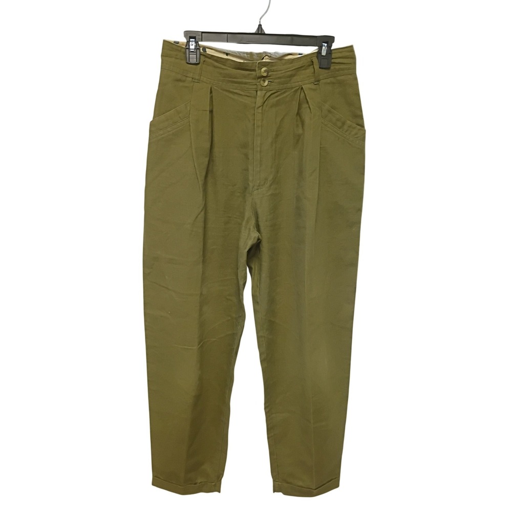 Hunters Run Vintage Olive Green High Waisted Pleated Ramie Cotton Trousers 14